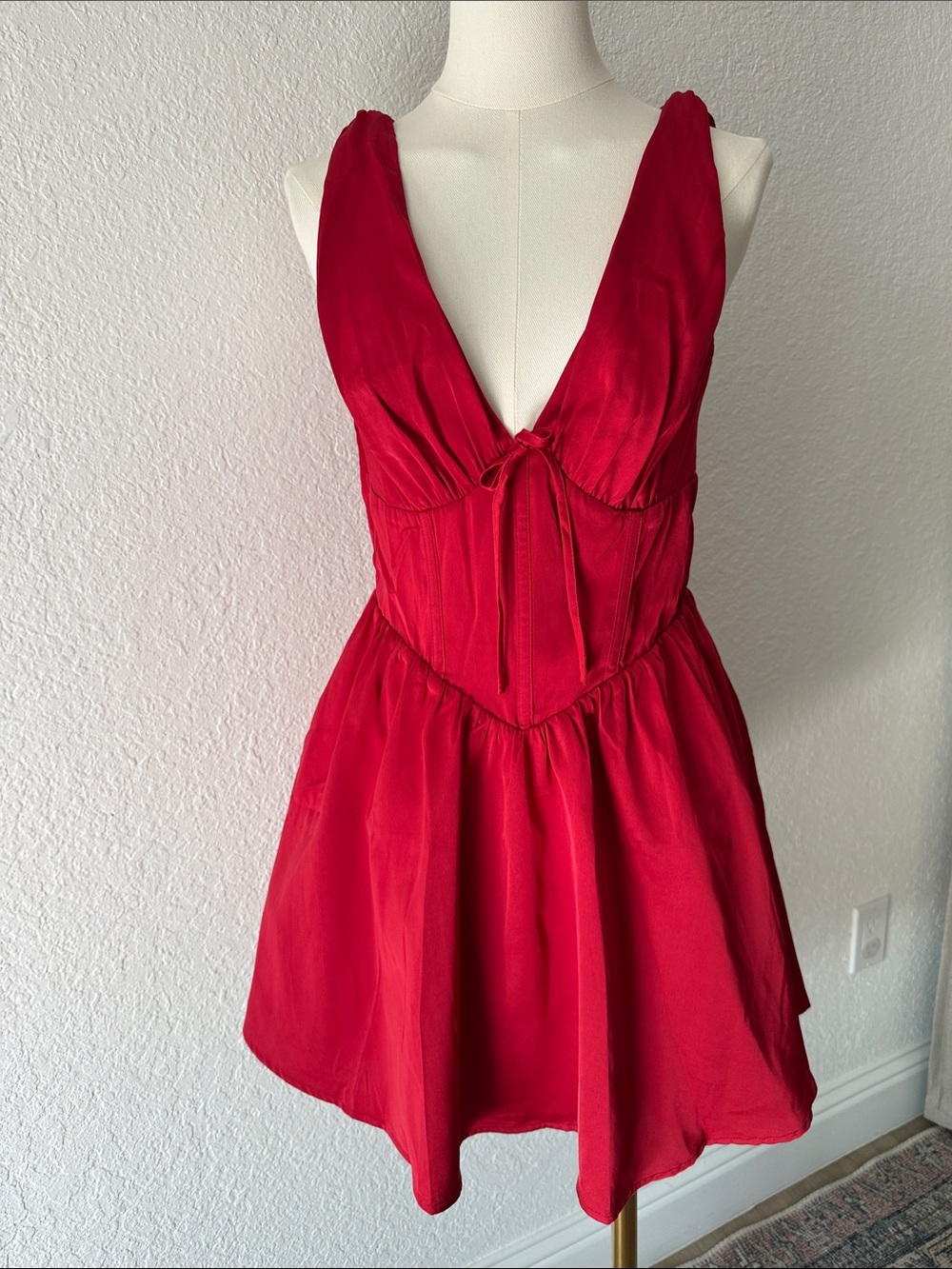 Francesca's Collections Red Plunge Tie-Front Mini Dress